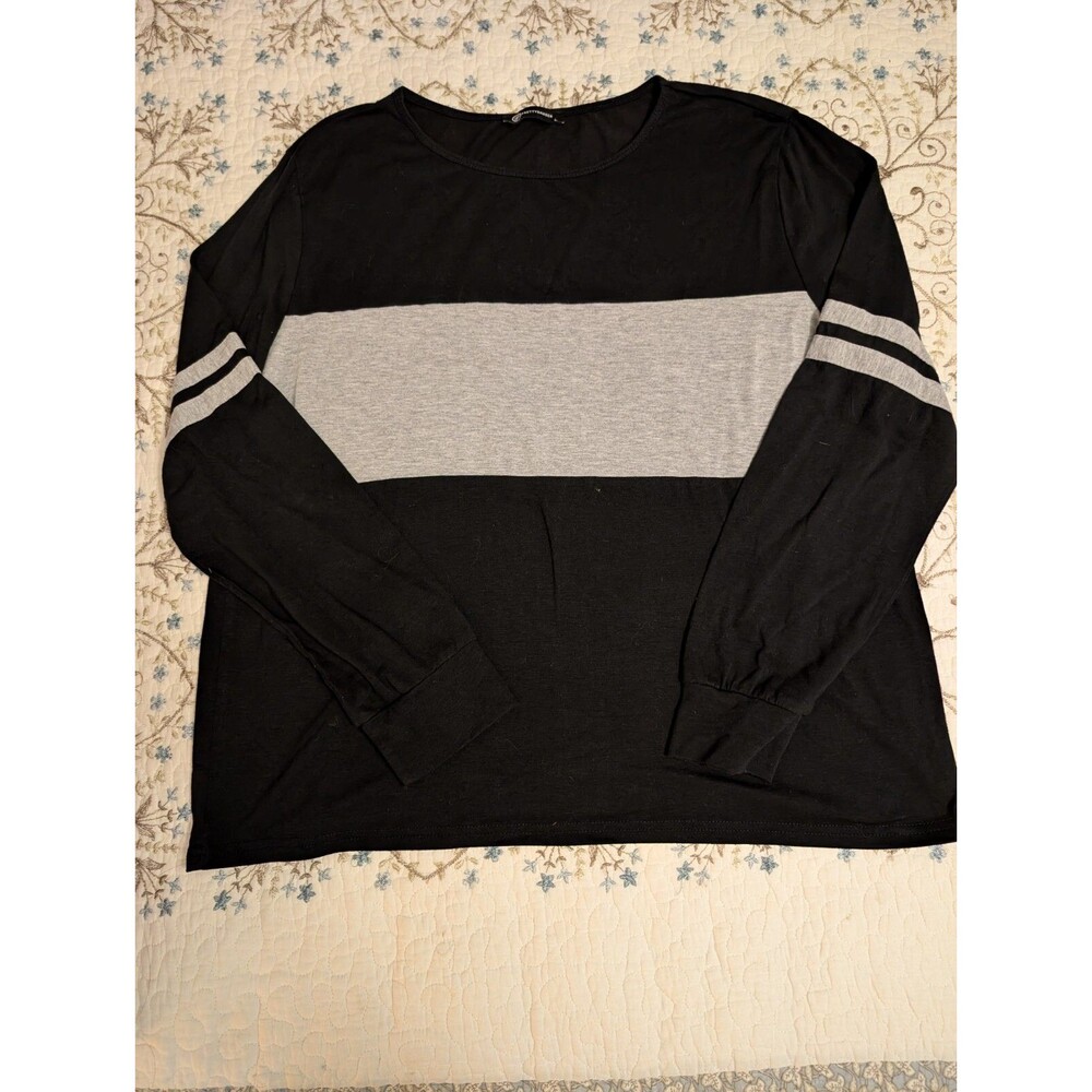 women's black and grey jersey style striped t-shirt, long sleeves, size L, brand
